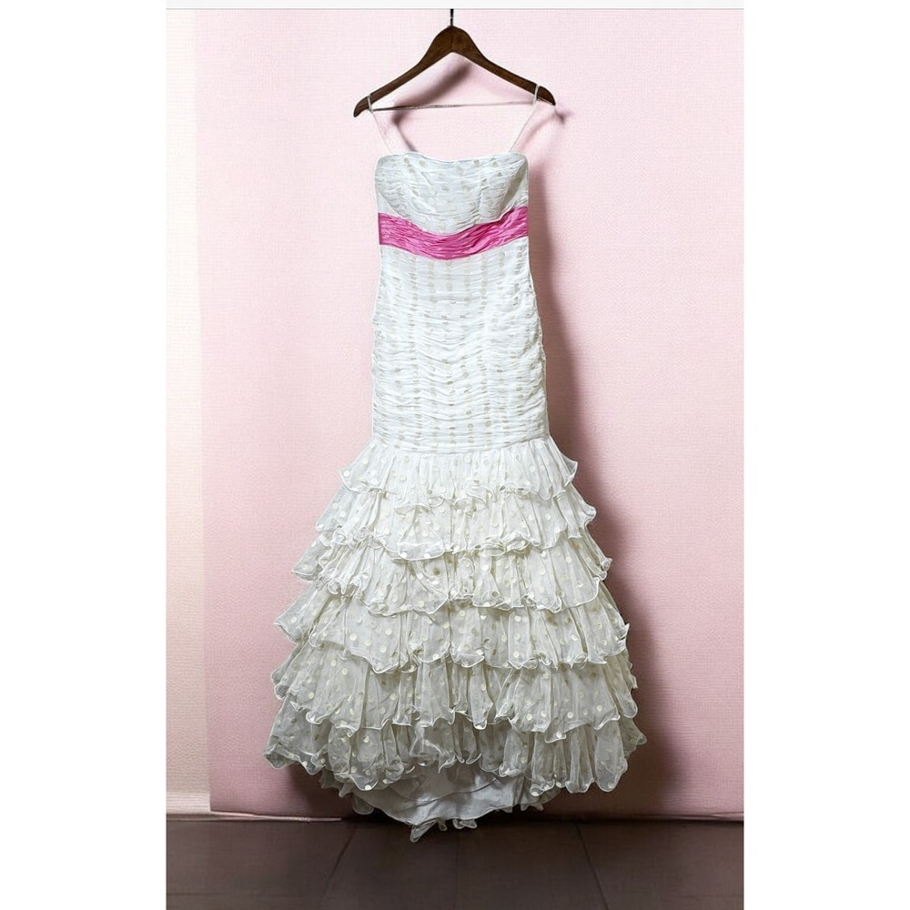 Sherri Hill Strapless Mermaid Gown Polka Dot Tulle Tiered Dress Pink Sash 8 - Picture 13 of 13
